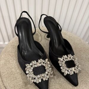 SHEIN Black Satin Heels with Crystal Embellishments
